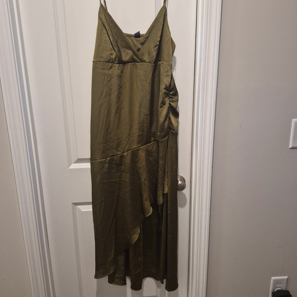 Olive Green Satin High Low Maxi Dress Ruffle Hem V-Neck Spaghetti Strap